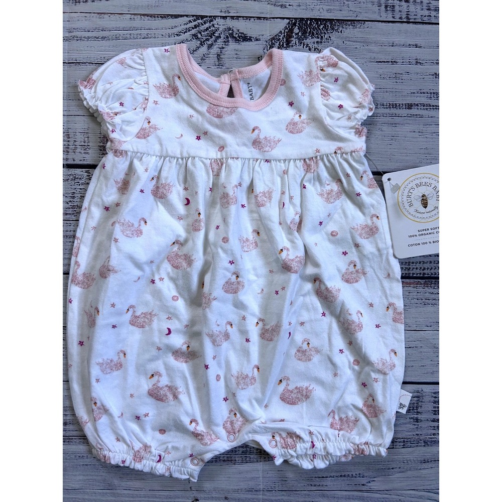 Burt's Bees Baby Bubble Romper Baby 3-6M White Pink Swan Star Organic Cotton